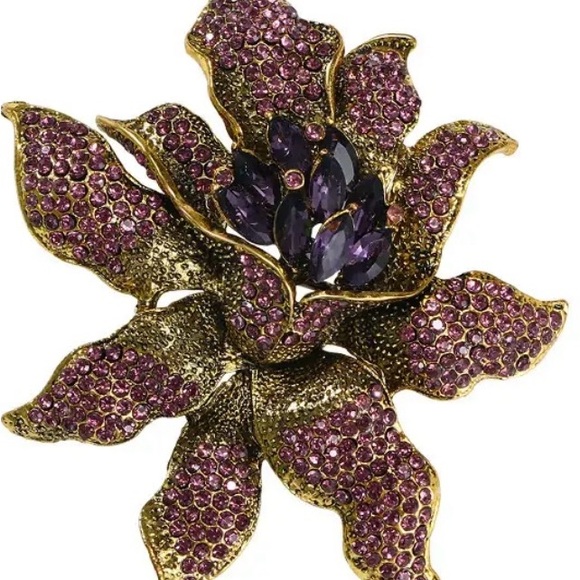 Sparkling Oversized Purple Floral Statement Brooch • Gold-Tone Vintage Style - Picture 8 of 13